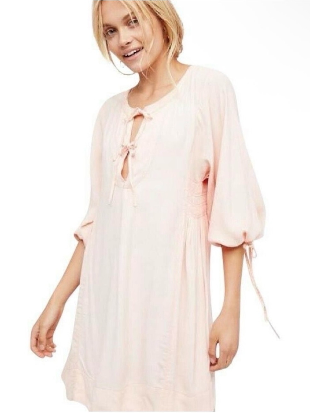 Free People Nomad Pink Tie Front Tunic Mini Dress Women’s Sz M Long Sleeve Boho